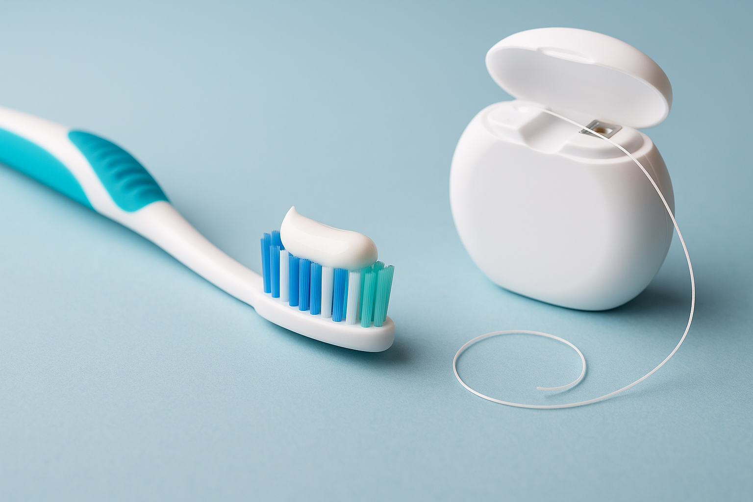 Symbolbild einer Zahnbürste und Zahnseide – Thema Reihenfolge bei der Zahnpflege