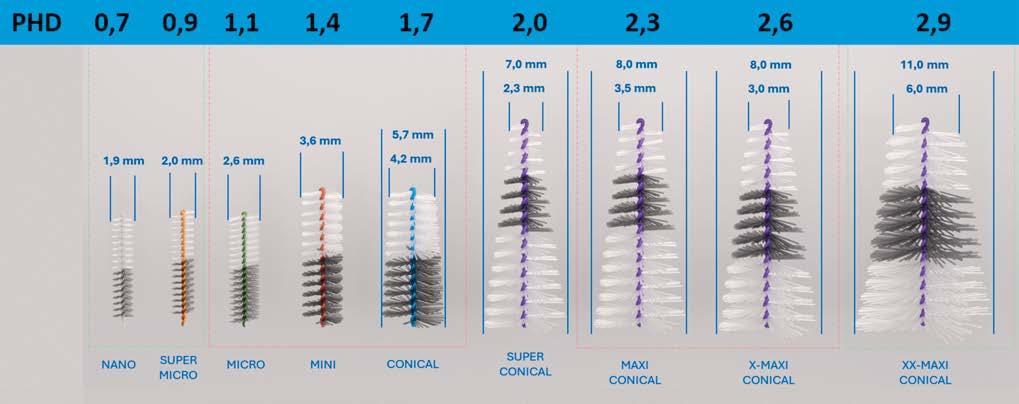 Abb. 1: Beispiel einer systematischen Auswahl von neun Interdentalraumbürsten mit kontinuierlich steigenden PHD-Werten